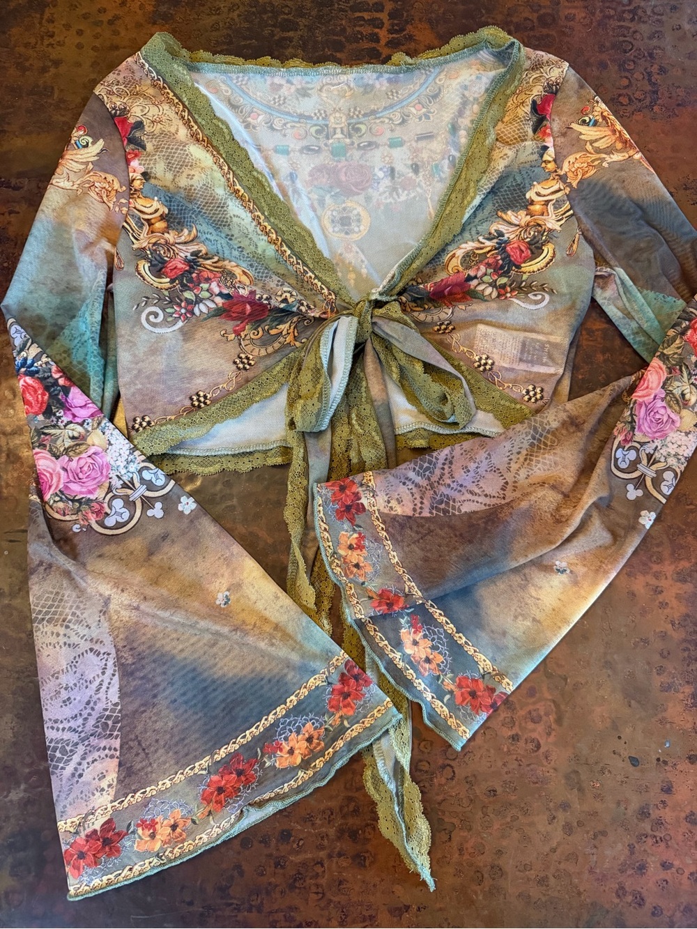 Baroque Floral Mesh Tie Front Crop Top Cardigan Whimsigoth Fairy Grunge